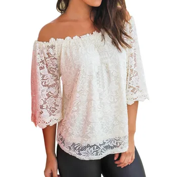 

2019 Summer Lace Short Blouse Women Women Ladies Off Shoulder Sleeve Boat Neck shirt Tops Blouse Blusas Mujer De Moda 2019