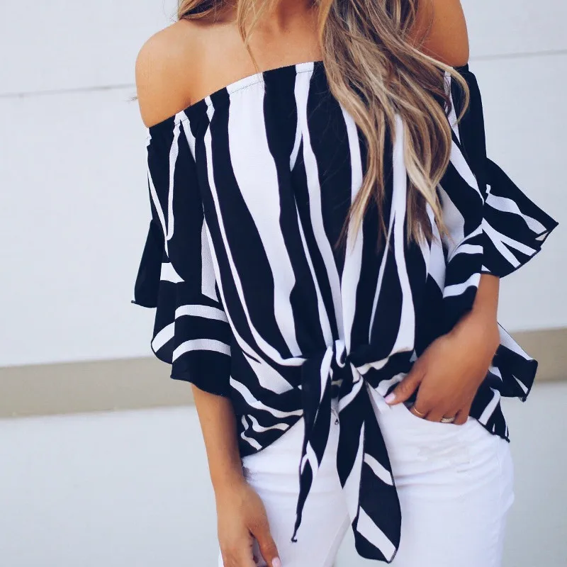 

Women's Striped Off Shoulder Bell Sleeve Shirt Tie Knot Casual chiffon Blouses Tops off shoulder top