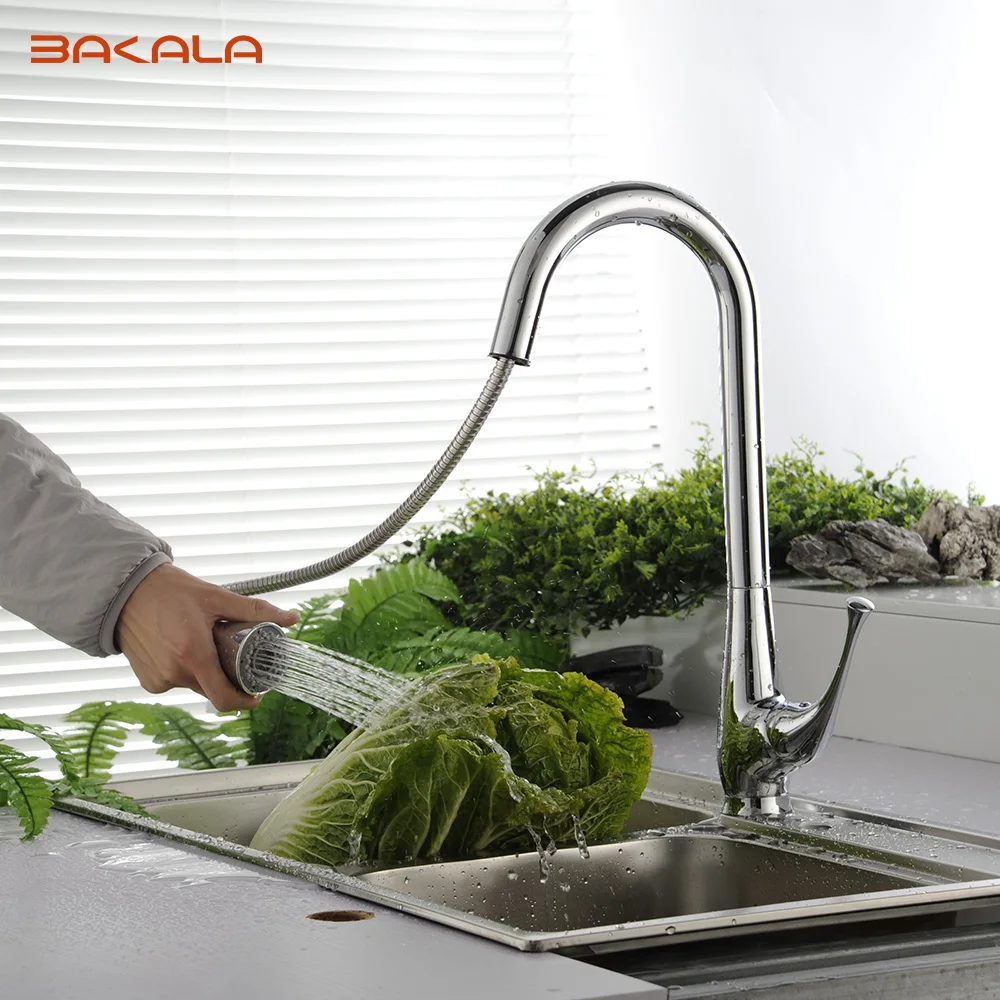 

BAKALA Brass Single Handle High Arc Spring Pull Down Kitchen Faucet with Swivel Spout, Chrome LH-8117