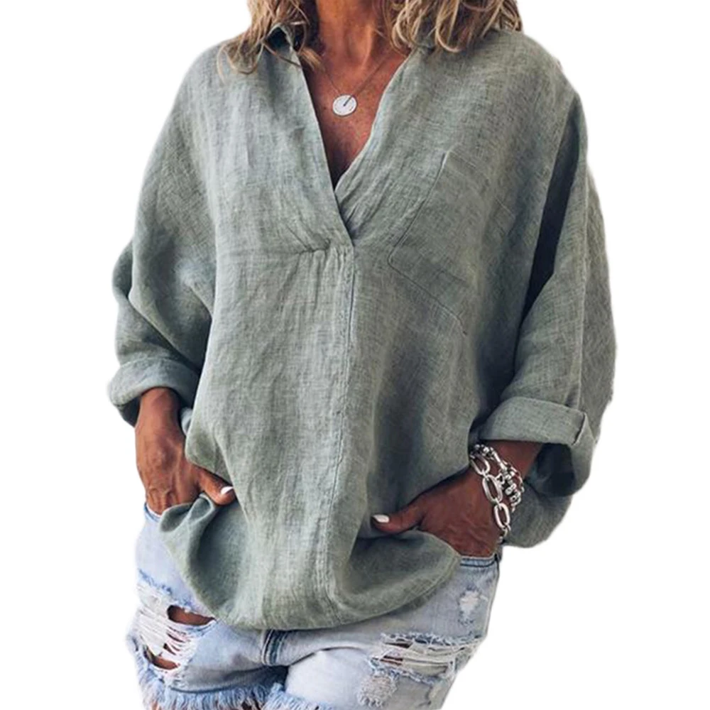 

Women Cotton Linen Summer Blouse Solid Casual Plus Size Top Sexy V-Neck Long Sleeve Women's Shirt Loose Oversized Women Tunic