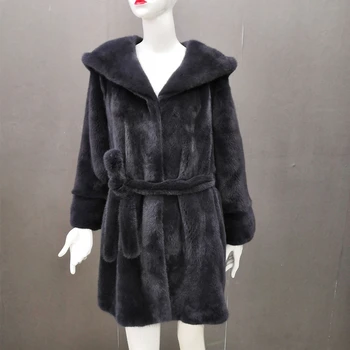 

Real Mink Fur Women Long Slim Coat with Hood and Belt Long sleeves Winter Warm Thick Whole Mink Fur Thick Jacket