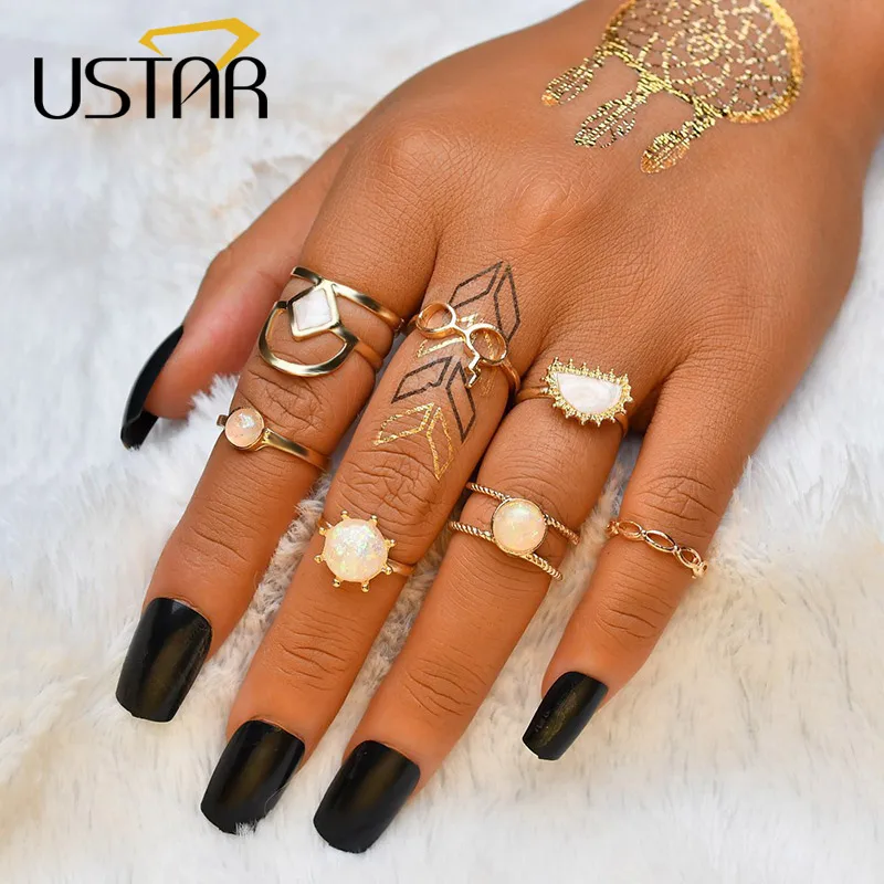 

USTAR Bohemia Rings set for Women Round store midi Knuckle Finger Rings female Boho Jewelry Anel Anillos gifts 7pcs/set