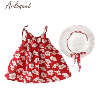 

ARLONEET Fashion Toddle girl Clothing sleeveless dress Bow baby hat 2pcs Floral print princess dress 2019 girl summer baby dress