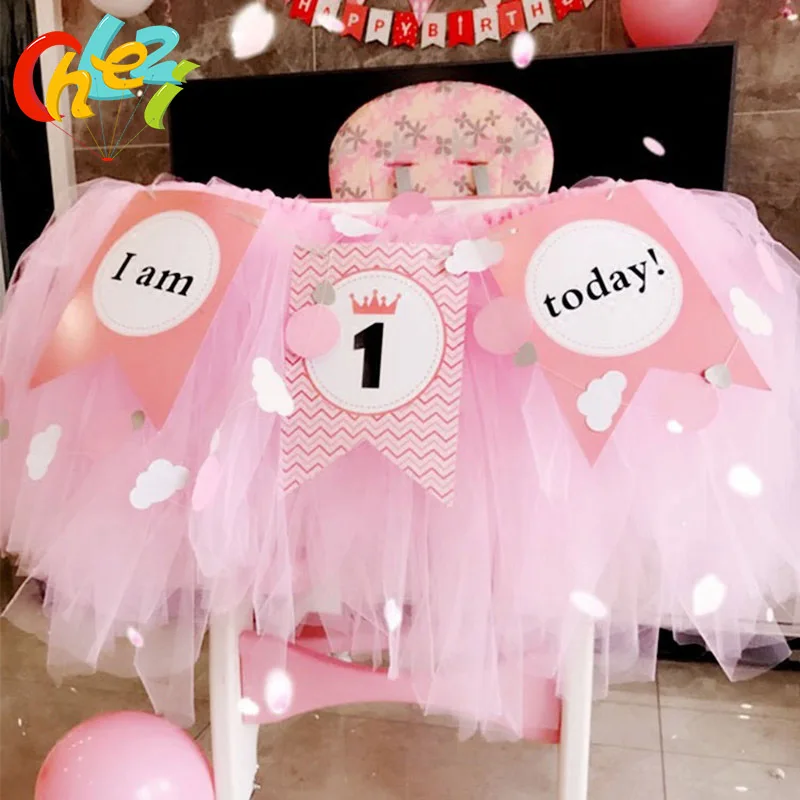 

1 Set Baby 1 year Birthday coloured flags tutu net yarn Baby chair Birthday party decoration I am 1 Today Banner baby shower