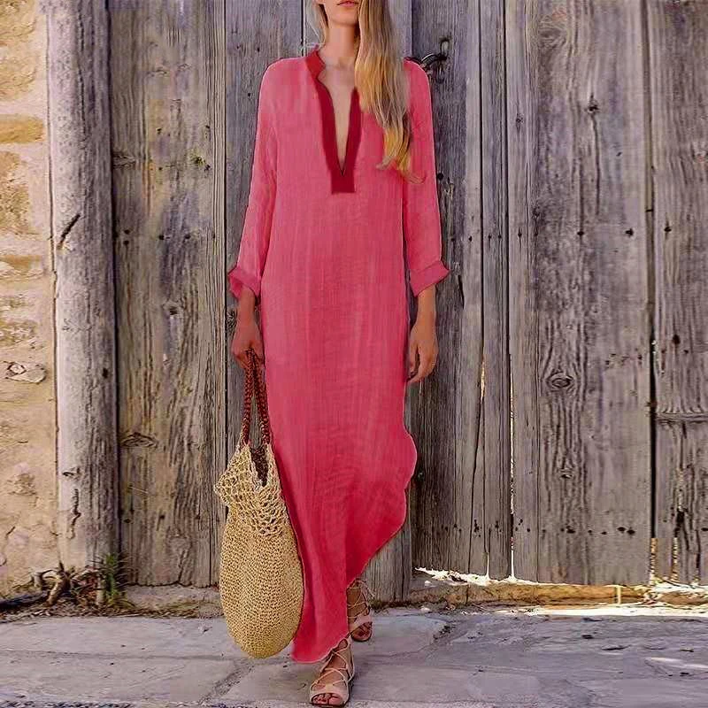 

Summer cotton dresses Split Half Sleeve Deep V-Neck Loose Beach straight Long female Dress