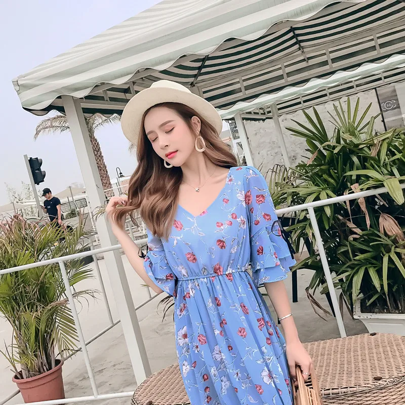 Korean beach dress seaside holiday dress bohemian long dress large swing long floral chiffon dress