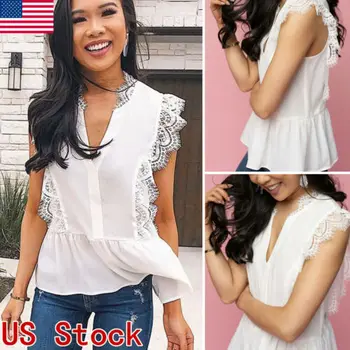 

2019 NEW Grls Clothes Sexy Ladies Fashion Lace V-Neck Blouse Tops Casual Sleeveless Slim Shirt Tops
