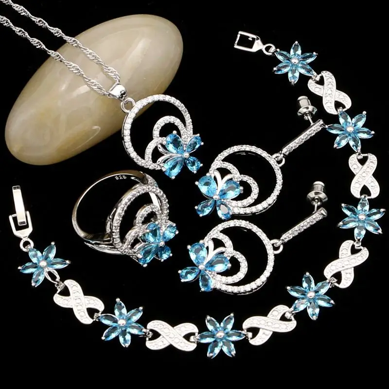 

Round 925 Sterling Silver Bridal Jewelry Sets For Women Sky Blue Cubic Zirconia Earrings/Pendant/Necklace/Ring/Bracelet Set