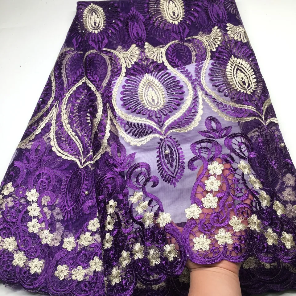 

African Lace Fabric 2020 High Quality Lace with Stones, Purple Nigerian Lace Fabrics for Wedding Latest French Net Lace Fabric