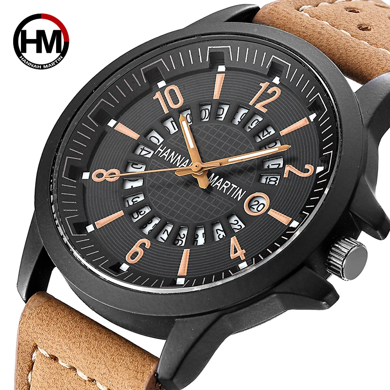 

Hannah Martin Creative Men Sports Watch Calendar Date Display Military Breathable Leather strap Men Clock Relogio Masculino