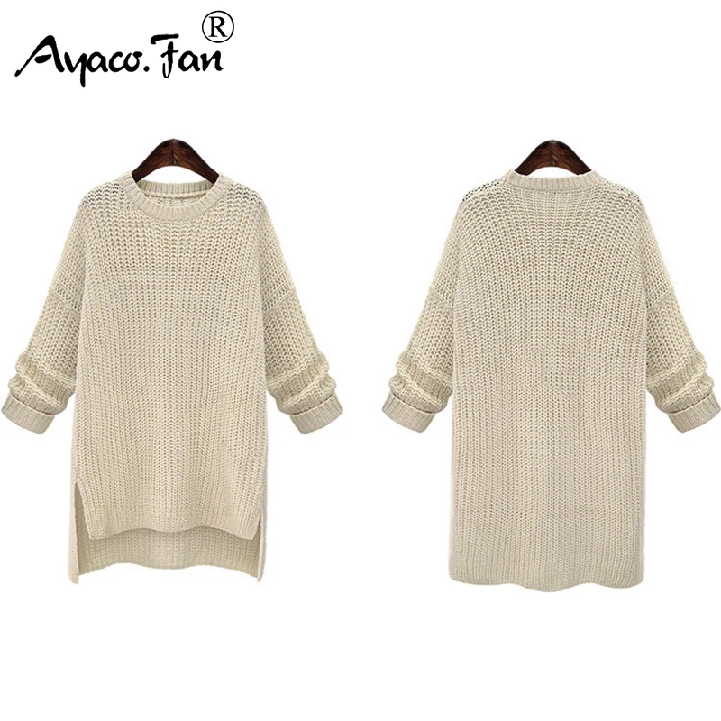 2019 Winter Midi Long Thick Sweaters for Women New Irregular O-Neck Cute Solid Knitted Pullovers Girls Lady Casual Split Sweater