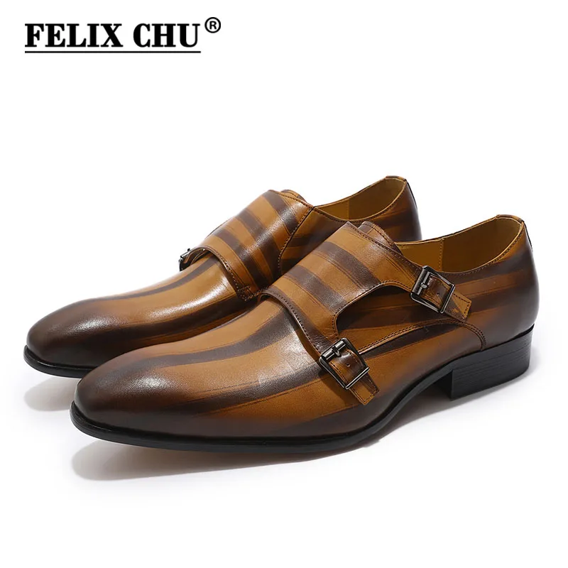 baratas FELIX CHU Mens Clássico Couro Genuíno Oxford Vestido Sapatos Homem Sapatos de Casamento Do Dedo Do Pé Cinta Monge Dupla Fivela Simples Padrão Listrado