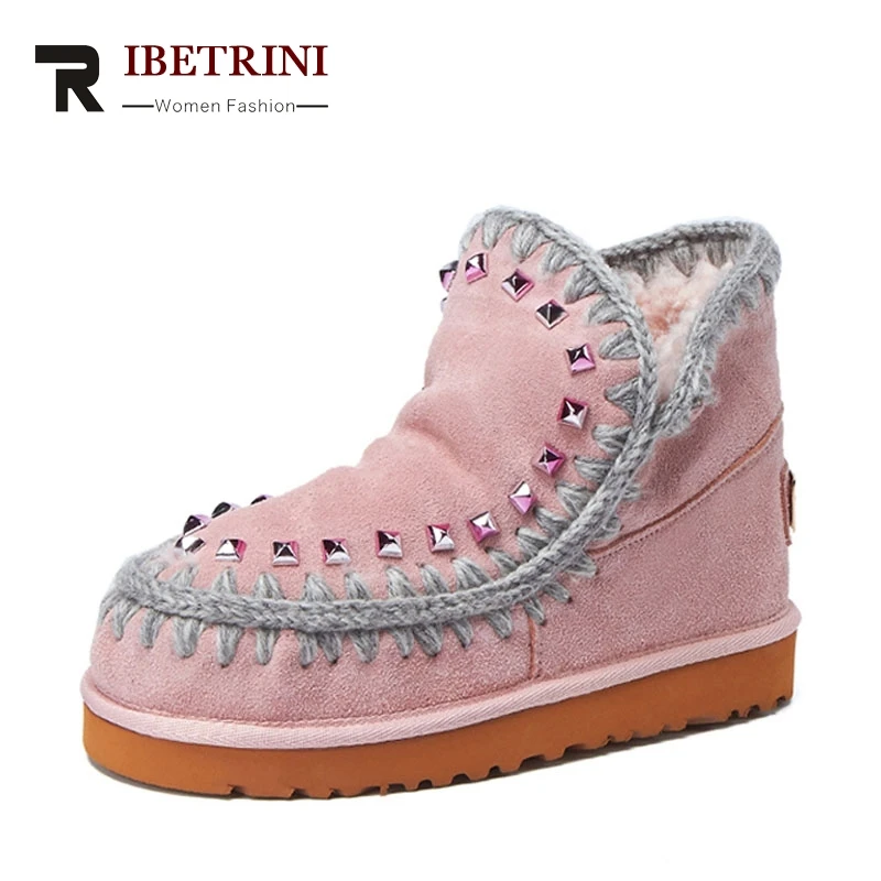 

RIBETRINI 2017 Winter Fashion Cow Suede slip-On Ankle Snow Boots Platform Warm Fur Low Wedges Women Shoes Large Size 33-43