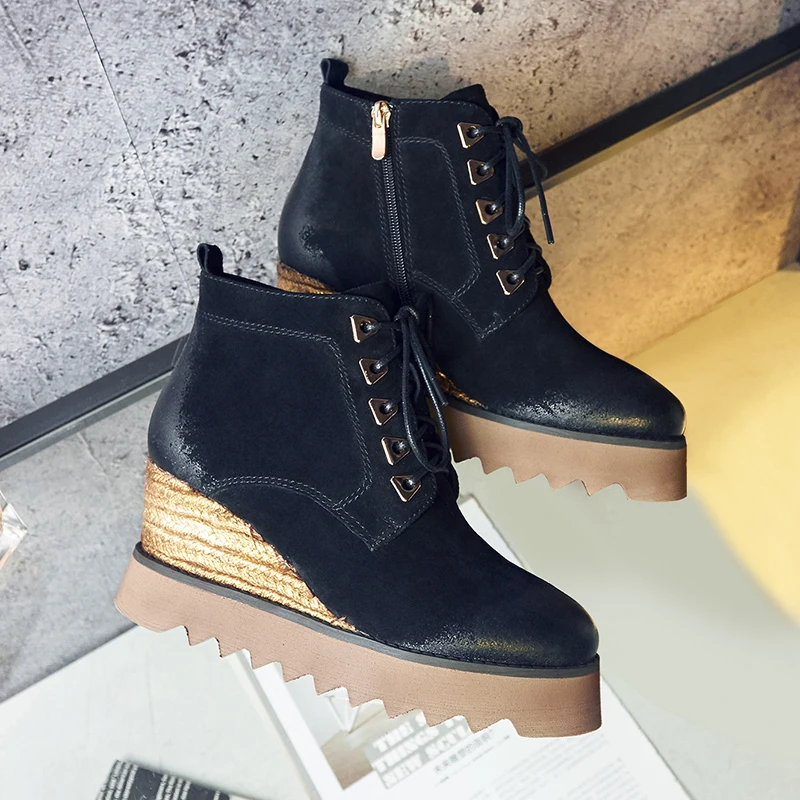 Chaussures À Appartements Loisirs Rivet Black Plate De forme Punk Daim Wedge Chanvre Véritable Martin Court Lacets Bottines Cuir Bottes Femmes Chaussons 0zPUwF0q