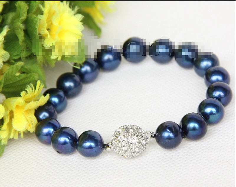 

Free shipping >>>>>>8" 12mm round navy blue blue freshwater pearls bracelet magnet clasp j10017