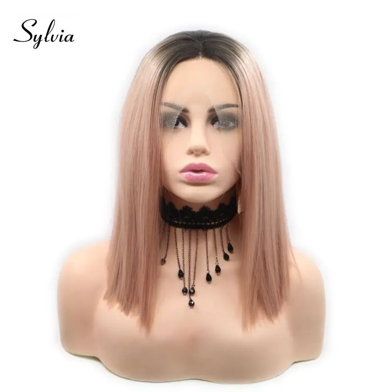

Sylvia Peach Red Color With Dark Roots Mixed Pink Synthetic Lace Front Wigs Heat Resistant Fiber Ombre Pink Grey Blonde Wigs