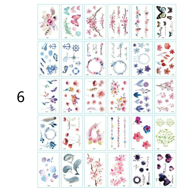 30 шт./лот, Временные татуировки, наклейки, цветы, анимаил, мгновенные татуировки, боди-арт, водостойкая рука, поддельная бумага для тату,, смешанный узор