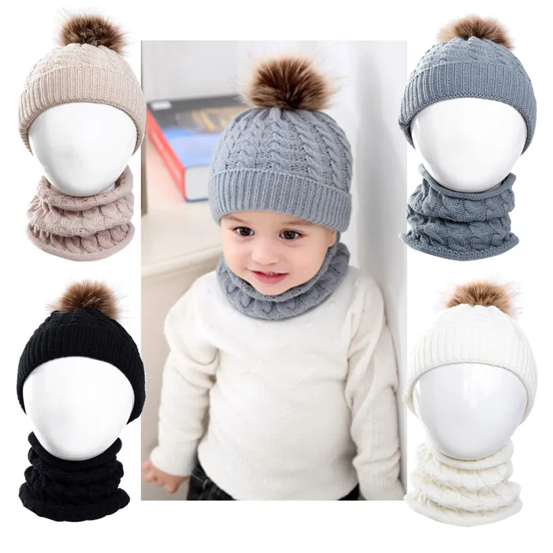 Детский набор шапки и шарфа для девочек и мальчиков, вязаные шапки, вязаные крючком зимние меховые шапки с помпонами, теплые кольца, шарфы, шапка, 2 шт