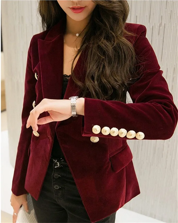 2016 New Spring Fashion Women Midnight Navy Slim Velvet Blazer Jacket Double Breasted simple Lady Blazers (24)