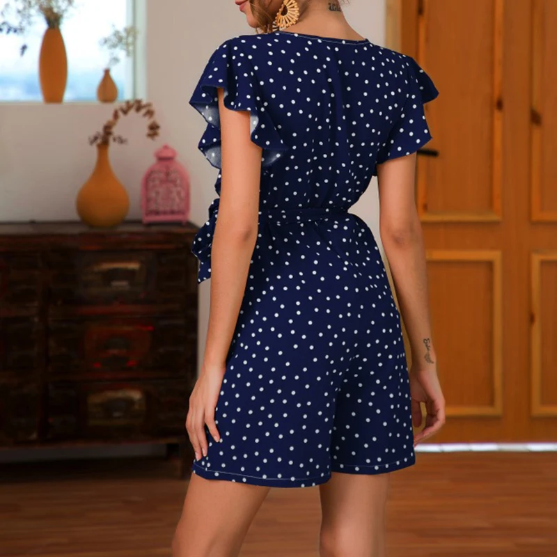 2019 Holiday Casual Female Polka Dot Sexy V-Neck Mini Playsuit Hot Summer Short Sleeve Ruffle Button Wide Leg Shorts Jumpsuit 2019 Holiday Casual Female Polka Dot Sexy V-Neck Mini Playsuit Hot Summer Short Sleeve Ruffle Button Wide Leg Shorts Jumpsuit