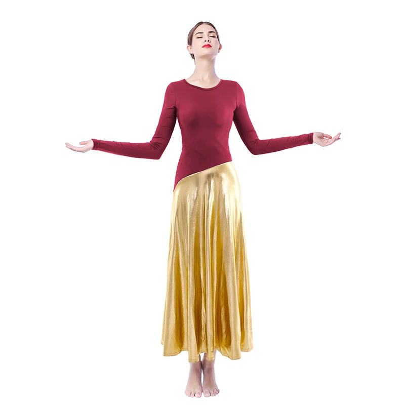 

Elegant Women Adult Praise Dress Church Liturgical Dance Dress Long Sleeve Pleated Metallic Splice Long Dress Worship Praisewear