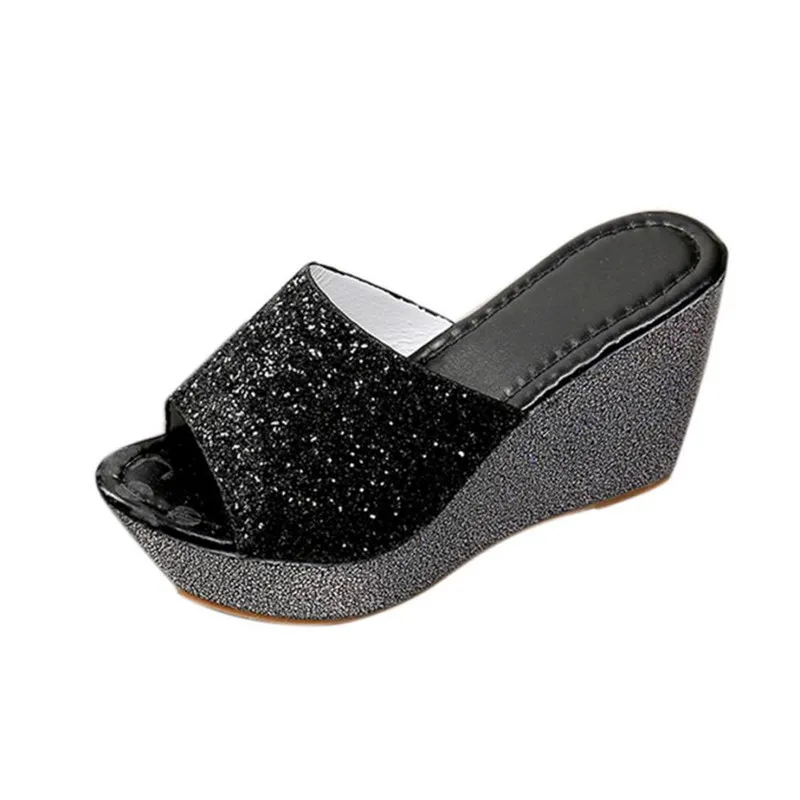 

Women Slippers Sexy Open Toe Shoes Spring/Autumn Wedge Slip High Heel Slippers Flip Flop Solid Bling Element PU Leather Shoes