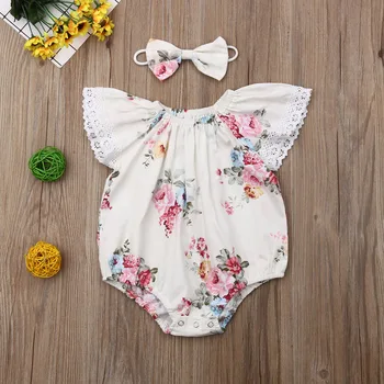 

Emmababy 2019 Newest Newborn Baby Girl Clothes Sleeveless Flower Print Lace Ruffle Romper Headband 2Pcs Outfits Summer Clothes