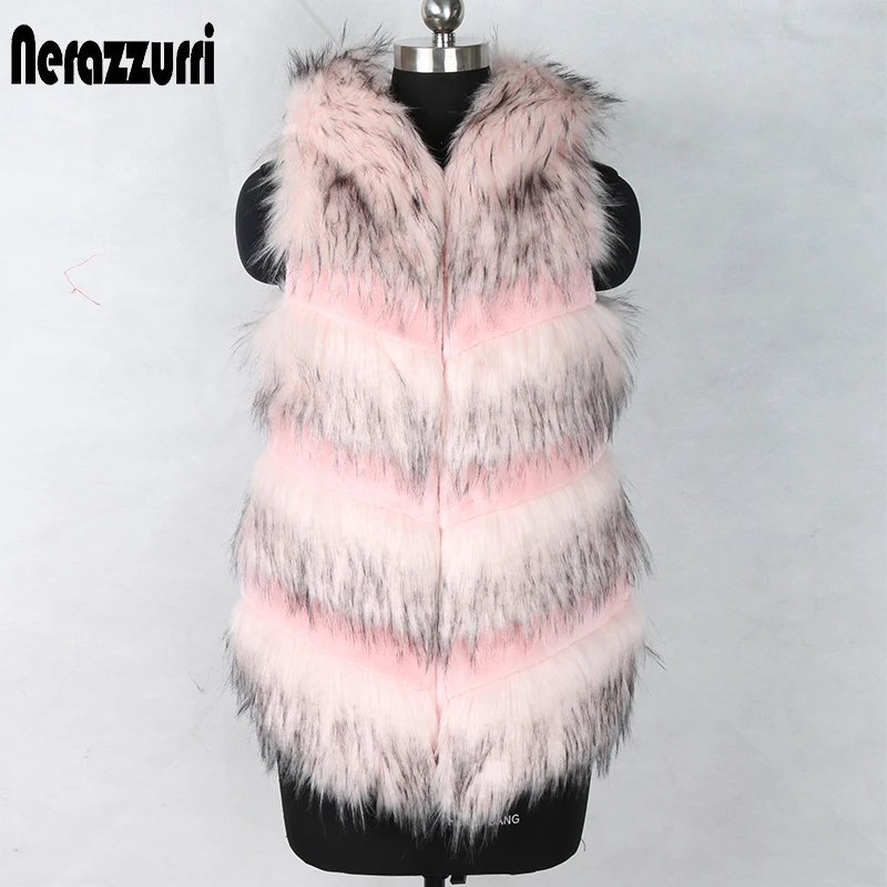 Nerazzurri, розовый жилет из искусственного меха с капюшоном, женский теплый зимний лоскутный жилет, Женская куртка без рукавов размера плюс, жилет из искусственного меха лисы