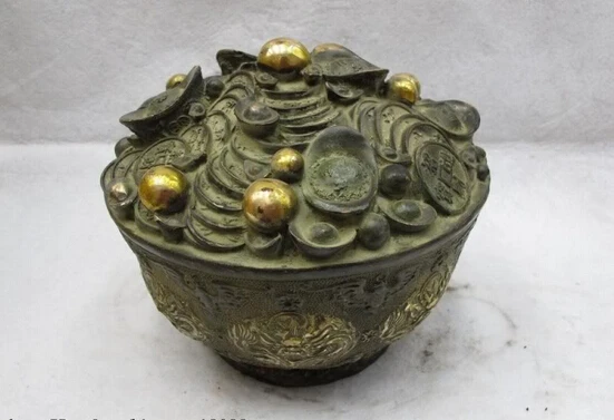 

Collectible bronze lion statue S0326 China Folk Classic Bronze Gilt Yuan Bao Money valuables wealth Nine Dragon bowl B0403