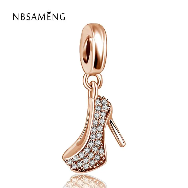 

925 Sterling Silver Rose Gold Color & Clear CZ Women High Heels Pendant Beads Charm Fit Pandora Bracelets & Bangles DIY Jewelry