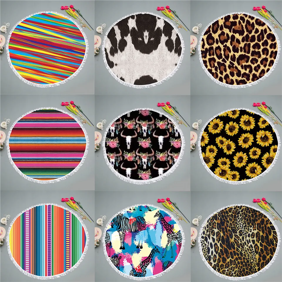 

SOFTBATFY Bull Skull Sunflower Colorful Summer Round Beach Towel with Tassel Dropshipping