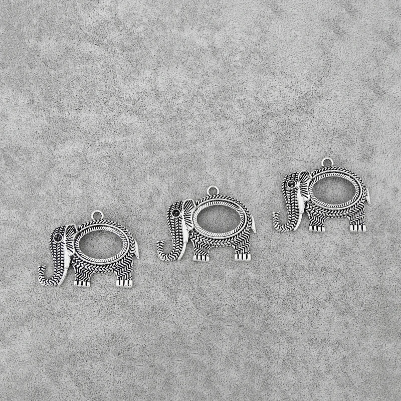 8PCS Tibetan Silver Large Hollow Elephant Ripple Charms Pendants Blank Cameo Cabochon Setting for DIY Jewelry Necklace Making