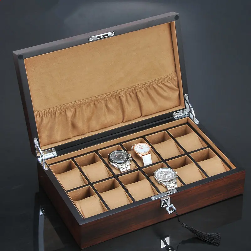 Топ 12 слотов деревянные часы дисплей коробка Новые часы и подарочный футляр для украшений коричневые деревянные часы хранения Мужская Механическая коробка для наручных часов W097