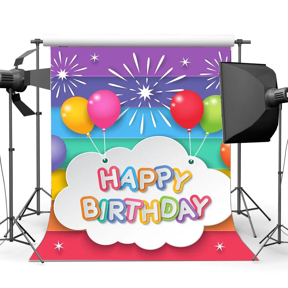 

Happy Birthday Backdrop Colorful Balloons White Cloud Twinkle Stars Hand Painted Stripes Background