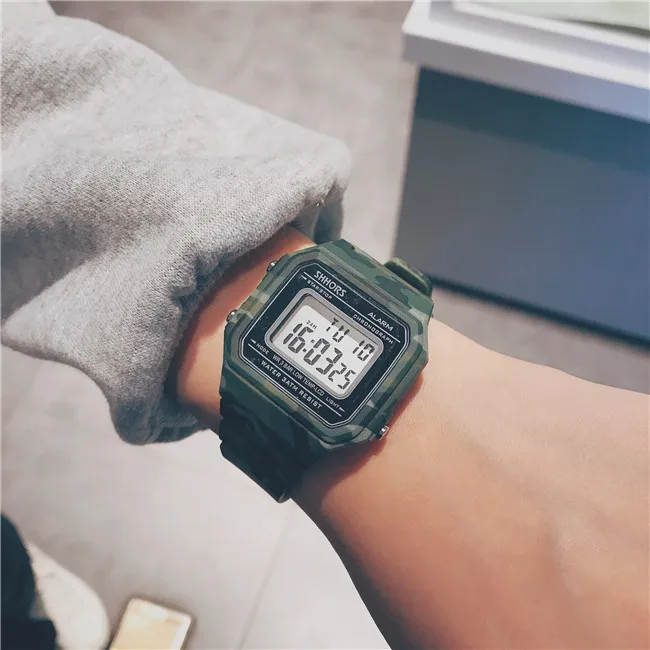 Камуфляж, военный, армейский для мужчин цифровые часы стиль Светодиодный дисплей роскошный шок черные прозрачные стразы электронные наручные часы Горячая - Цвет: Camouflage green