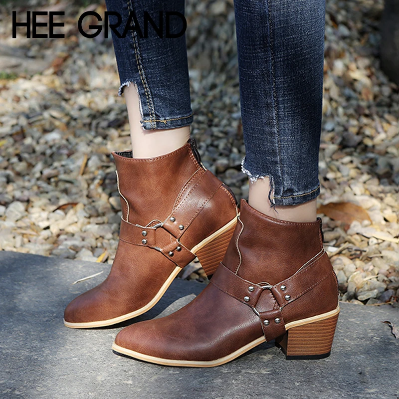 

HEE GRAND Plus Size Rivet Women Ankle Boots Casual Platform Shoes Woman Pointed toe Slip On Winter Women Boots Shoes XWX7259