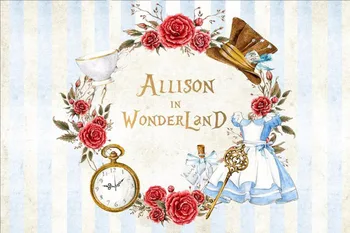 

custom alice in wonderland clock flower leaves pink and white striped photo backdrop Computer print party background