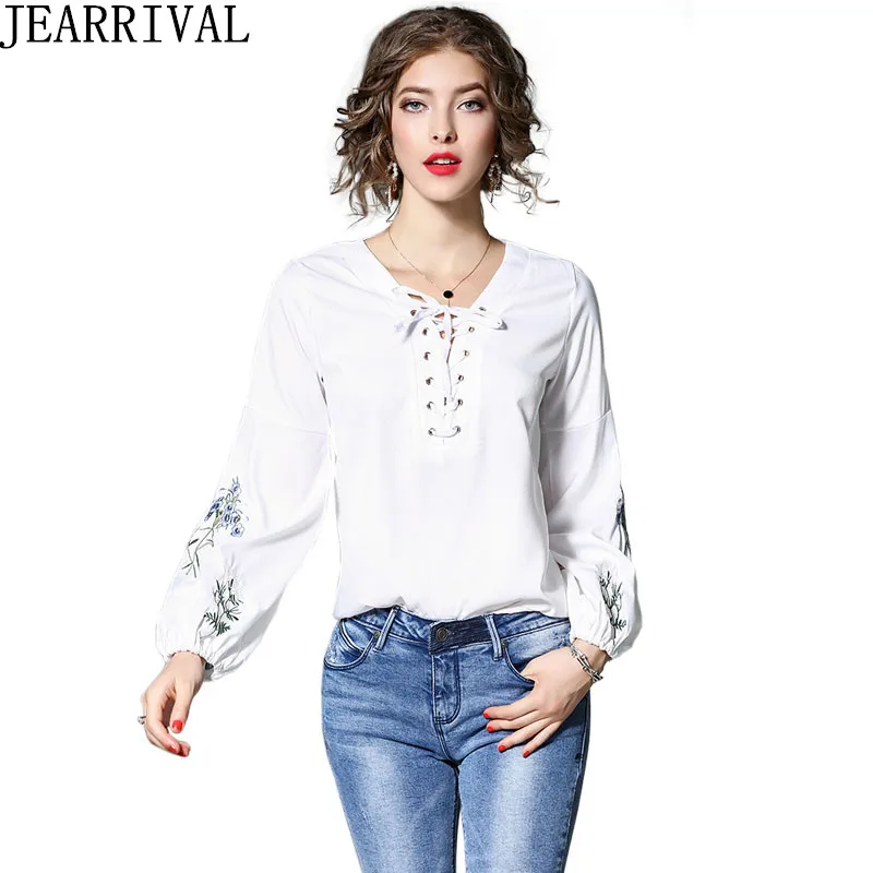 Women Tops 2018 New Spring Fashion Long Sleeve Blouse Lace Up V-Neck Flower Embroidery Casual Loose White Shirt Blusas Feminina |
