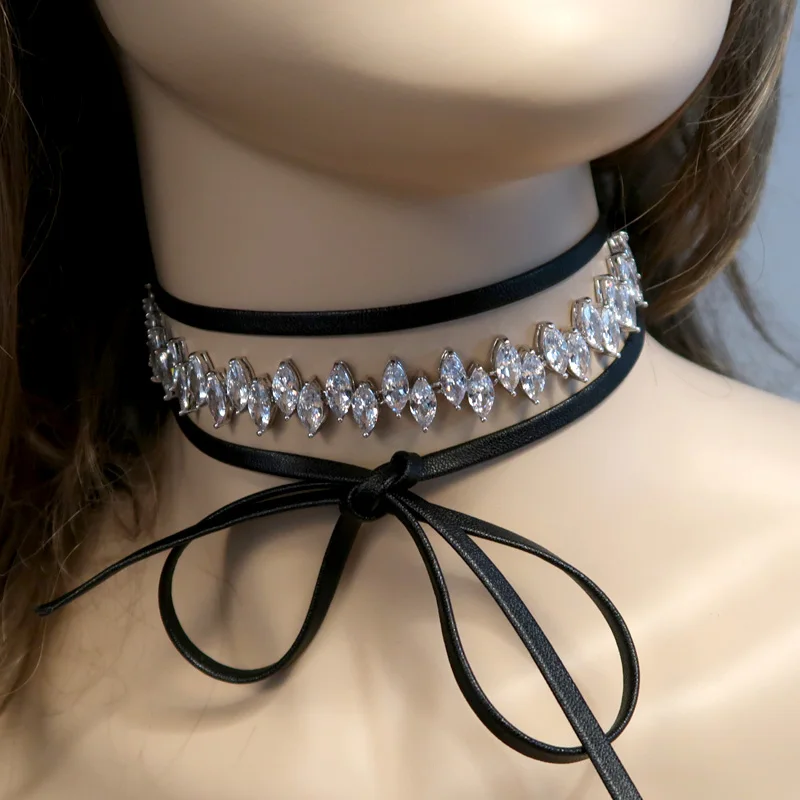 popular cubic zirconia PU Leather tie Chain choker necklace for Women
