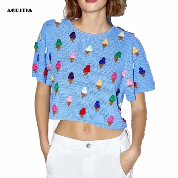 

2019 Women Summer Knitted T-shirts Print Short-sleeve Tops Cropped T-shirt