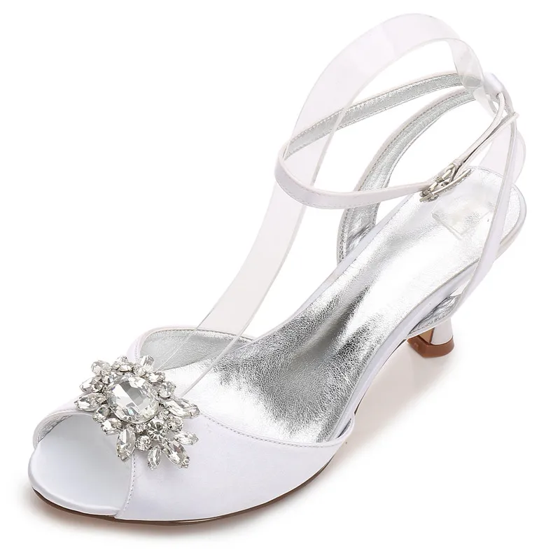 

Mid Heels Satin Crystals Wedding Sandals Women Peep Toe Ankle Buckle Strap Heeled Prom Evening Party Dress Sandals