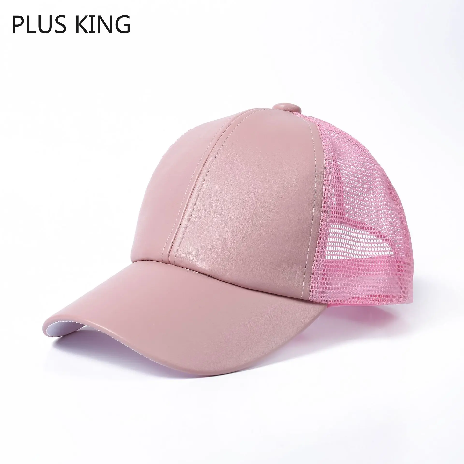 

High Quality Pink Ponytail Baseball Cap Women Summer PU Leather Mesh Hat Lady