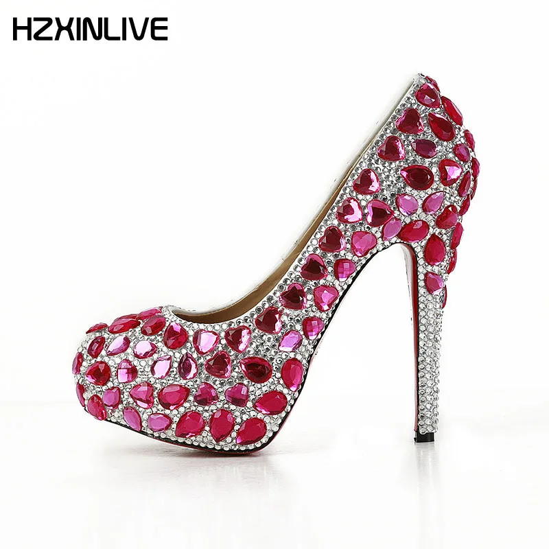 

GGOB 2018 Handmade peachblowl Crystal Women Shoes Sheepskin Genuine Leather high heels pumps 14cm Wedding Shoes Bridal shoes