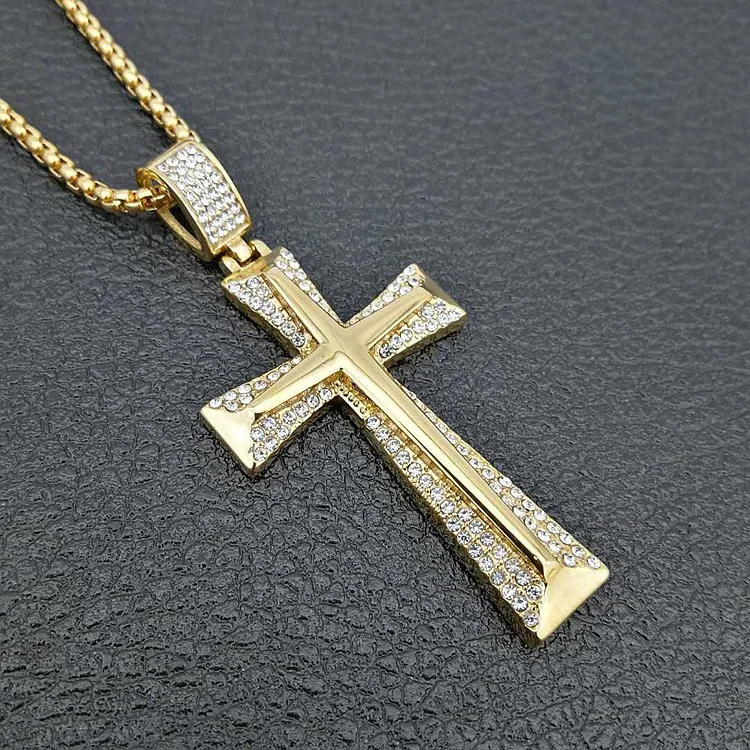 Hip hop Iced Out Crucifix Pendant Necklaces Gold Color Stainless Steel