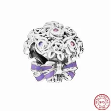 925 пробы серебро Сирень и розовые кристаллы и Фиолетовый Эмаль празднование Букет Бисер DIY Fit Пандора Подвески для женщин Jewelry FL753