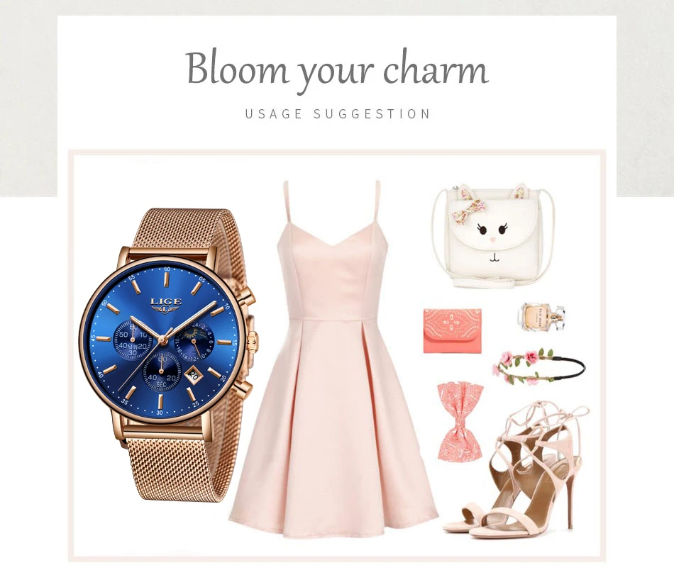 LIGE женские модные золотые синие женские кварцевые часы сетка высококачественный ремешок для часов повседневные водонепроницаемые наручные часы Moon часы с фазами женские