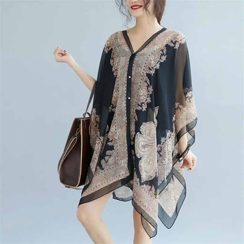 Женская шифоновая блуза с рукавом летучая мышь в стиле бохо, повседневные свободные кимоно с цветочным принтом, рубашки большого размера, Пляжная туника, топы с баской, халат-блуза - Цвет: J144 Black