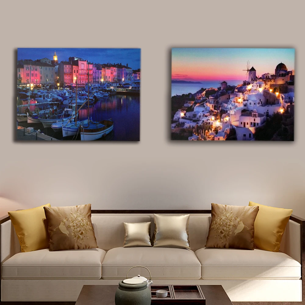 

Modern Santorini island sunset with boat harbour night wall picture led canvas art light up decor painting artwork HD printed