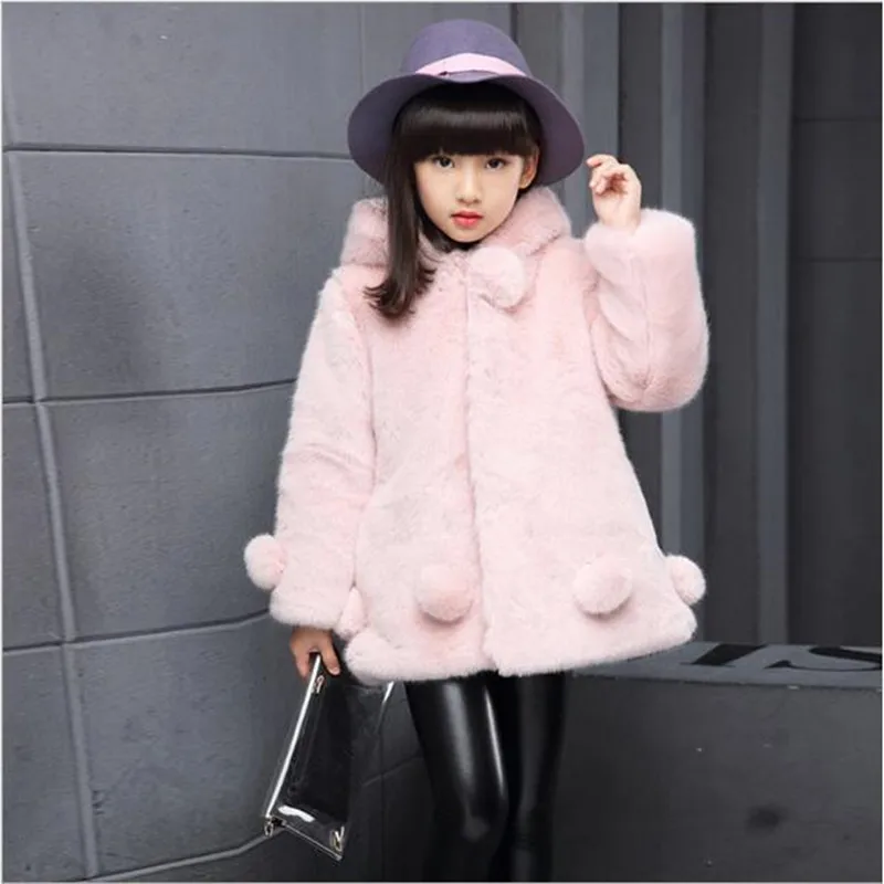 2018 Winter Girl Faux Fur Coat Long Baby Imitation Rabbit Hair Children Overcoat Hooded Warm Thickening Sleeve Jacket QV105 | Детская
