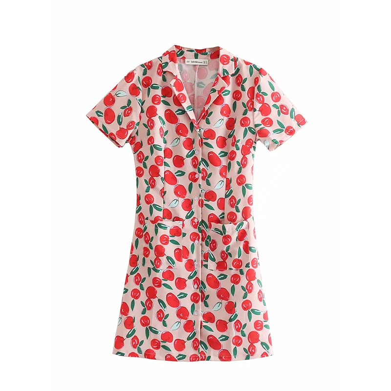 

Summer Apple Printed Dress Women Casual Short Sleeve Shirt Dress Women Retro Wild Slim Dress Buckle Knee-Length Sundress
